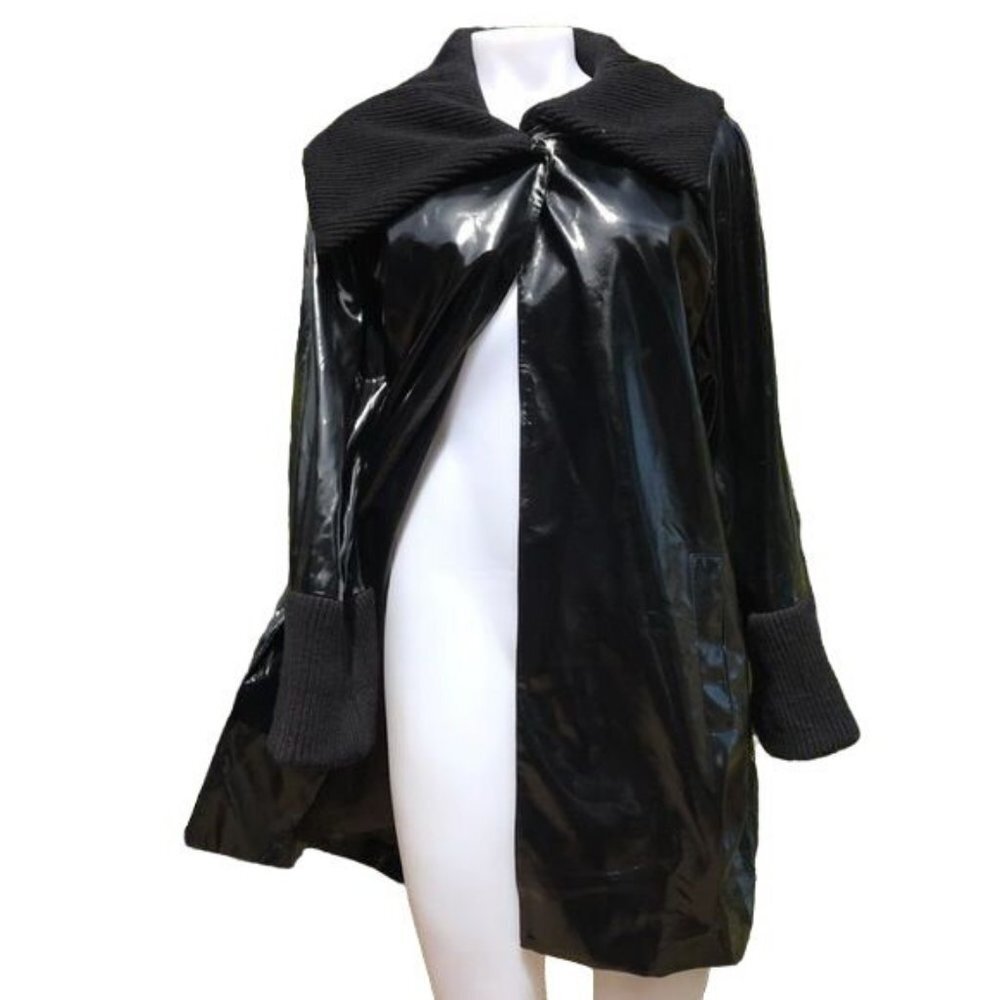 Vintage Anne Klein Black Vegan Leather Overcoat Single Button Jacket Size S - Picture 3 of 8